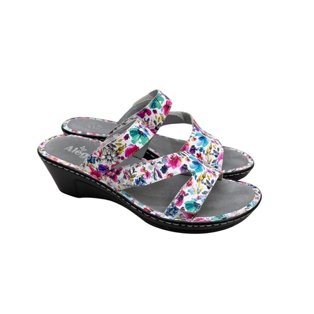 Alegria Floral Leather Heeled Slide Sandals Shoes LOT-139 Womens size 41 US 10.5